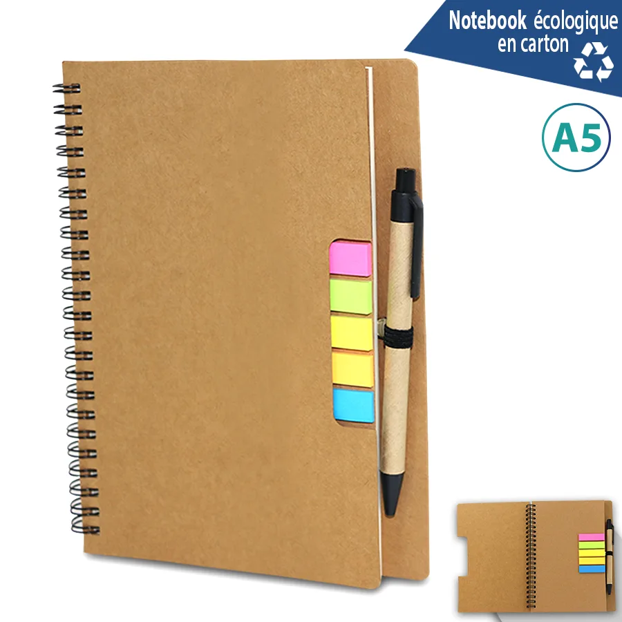 Carnet ecologique avec spiral, stylo et post-it
