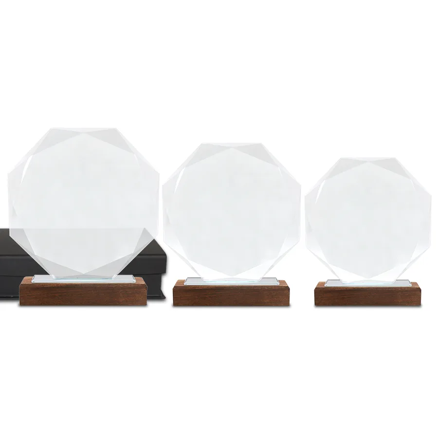 Trophée en verre et bois forme octogone
